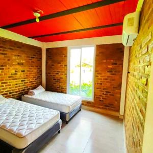 two beds in a room with a brick wall at centro vacacional EL COLIBRI in San Luis de Palenque +11 photos