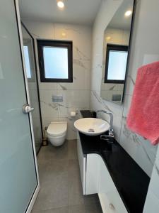 a bathroom with a sink and a toilet and a mirror at Esentepede 2yatak odalı Penthouse Daire Cove I8 in Khóti Nisí +15 photos