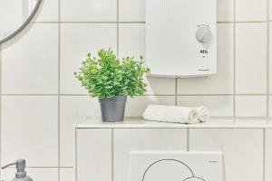 a plant sitting on a shelf in a bathroom at NEW-Rosalia-Stilvoll wohnen, zentral erleben in Kaiserslautern +34 photos