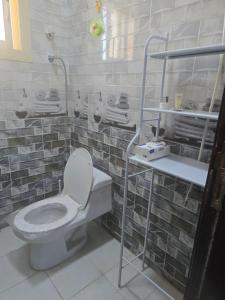 a bathroom with a toilet and a shelf with towels at شقق عبدالله in AlUla +20 photos