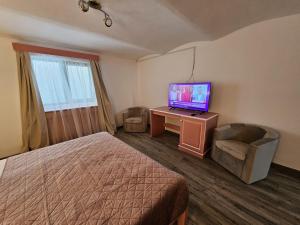 a hotel room with a bed and a flat screen tv at Casa Raduly - Apartament Demisol in Sibiu