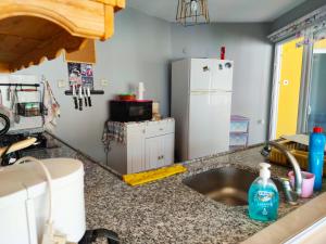 a kitchen counter with a sink and a refrigerator at cardaklikonak in Geyikbayırı