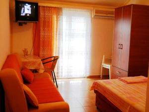 a living room with a couch and a table and a television at Apartmani Igalo Studio Povoljno in Igalo