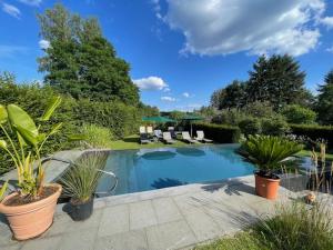 a swimming pool with potted plants in a yard at Alwine - Landhaus an den Spreewiesen in Rietz Neuendorf