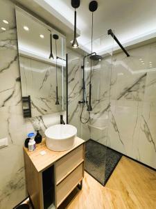 a bathroom with a sink and a shower at Chic Center Apartament in Braşov