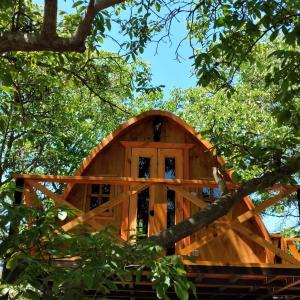 una casa en un árbol en el bosque con una puerta en Cabañas Peñaflor Glamping, en Peñaflor