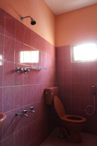 e bagno con servizi igienici, doccia e lavandino. di Vinodhara Guest House a Mamallapuram Altre 37 foto