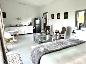 a living room with a bed and a kitchen at Bushbuck Farm Eco-Retreat in Humansdorp +13 photos