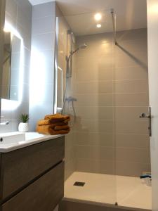 un baño con ducha y lavabo en STUDIO 38 m2 Point Zéro, en La Grande-Motte