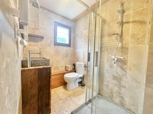 a bathroom with a toilet and a glass shower at Appartement 41m2 in Gérardmer