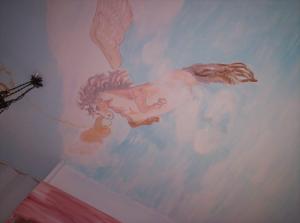 une peinture d'un cheval sur un plafond dans l'établissement Villa Fiorita, à Monfalcone
