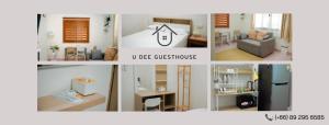 a collage of four pictures of a living room at U Dee guesthouse in Betong