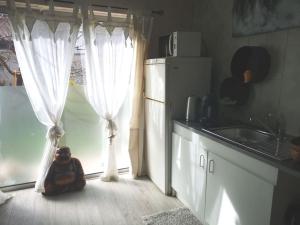 a monkey sitting on the floor in front of a window at La Balinaise in Saint-Jean-de-Védas +2 photos