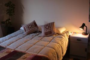 a bed with pillows and a night stand with a lamp at Habitación privada en Esquel in Esquel