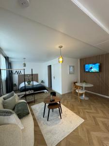 a living room with a couch and a table at Petit appt cosy et moderne in Perpignan