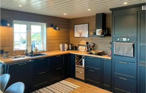 een keuken met blauwe kasten en houten werkbladen bij 5 Bedroom Beautiful Home In Gol in Golsfjellet