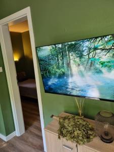a large flat screen tv on a green wall at Ferienhaus mit Privatsauna in Lage +11 photos