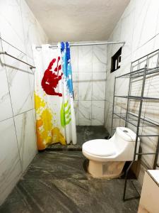 a bathroom with a toilet and a shower curtain at Amplia casa en Parras con wifi, fogatero y asador in Parras de la Fuente