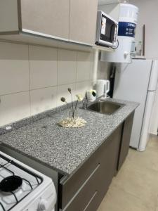a kitchen with a counter with a sink and a stove at Rafaello temporario in Rafaela +14 photos