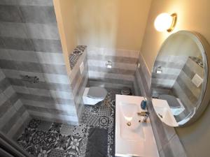 a bathroom with a sink and a mirror and a toilet at Gutshofblick XL in Hanshagen