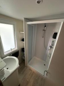 Un baño blanco con ducha y WC. en Mobile home Maris, en Biograd na Moru