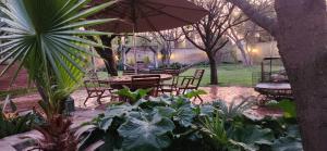 a patio with tables and chairs and an umbrella at Serendipity Guesthouse in Bloemfontein