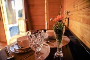 a table with two glasses and a vase with flowers at Blue Sunset 2 in Urubici +11 photos