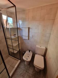 een kleine badkamer met toilet en douche bij Moderno Duplex 1 - Complejo Las Cerezas in Esquel +18 foto's