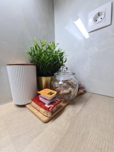 eine Theke mit einem Einmachglas mit Lebensmitteln und einer Pflanze in der Unterkunft Apartment in the heart of the city 5G in Larisa