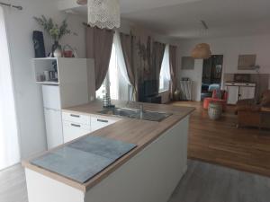 a kitchen with a sink and a living room at La Maisonnée in Marolles