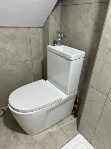 ロンドンにあるstadium homeの白いトイレと洗面台のあるバスルーム