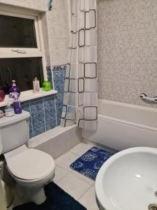 a bathroom with a toilet and a tub and a sink at 669 London Road Wilmorton in Derby