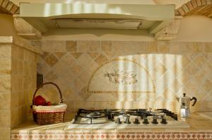a kitchen with a stove and a basket of fruit at Villa Degli Ulivi in Assisi
