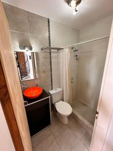 a bathroom with a toilet and a red sink at Kaizen Apart in Caleta Olivia