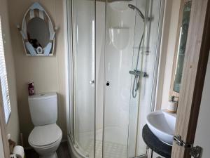 a bathroom with a shower and a toilet and a sink at Stunning Lodge Boasting Large Decking Area At California Cliffs Ref 50008L in Great Yarmouth +11 photos