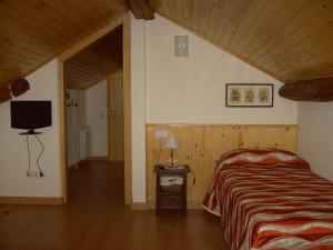 Un dormitorio con una cama y un televisor. en Casa Rogel, en Llesúy