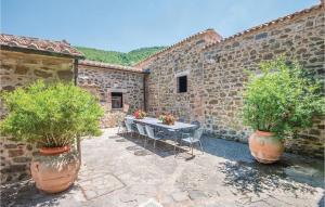eine Terrasse mit einem Tisch und zwei Topfpflanzen in der Unterkunft Cozy Home In Sarteano -Si- With Kitchen in Castiglioncello del Trinoro