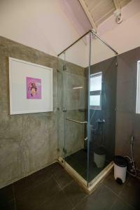 a shower with a glass door in a bathroom at Bedrock Beach Villas in Kalpitiya