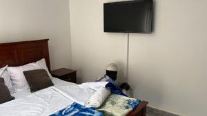 a bedroom with a bed with a tv on the wall at Ingrid's Place - Namugongo in Namugongo