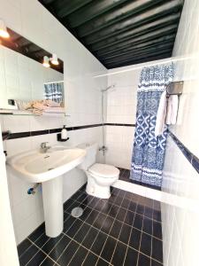 a white bathroom with a sink and a toilet at Histórica Casa con vistas al Jardín de Cactus y montañas in Mogán