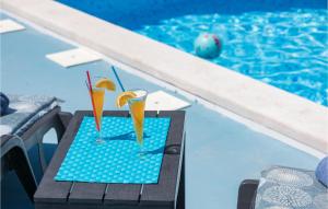 CerovljeにあるGorgeous Home In Cerovlje With Kitchenのスイミングプールの隣のテーブルでのドリンク2杯 +37枚の写真