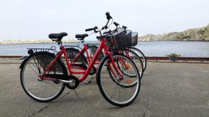 Utsira Overnatting - Sildaloftet في Utsira: اثنين من الدراجات متوقفة بجوار بعضها البعض بجوار الماء