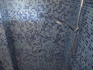 een douche in een badkamer met een blauwe tegelwand bij La Casa Del Volcán De Cabo De Gata in Las Hortichuelas Bajas