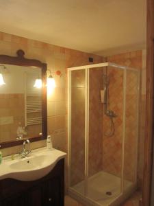 La salle de bains est pourvue d'une douche et d'un lavabo. dans l'établissement B&B Alla Lanterna, à Trichiana