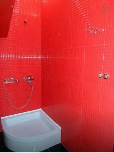 a red bathroom with a shower with a toilet at Marco Polo, Mountain View Apartment in Gudauri