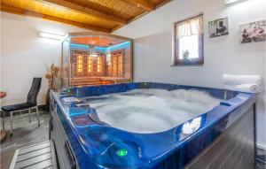 una grande vasca blu in una stanza con finestra di Cozy Home In Gospic With Sauna a Gospić