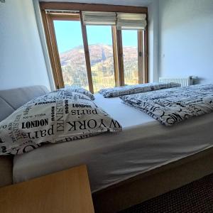 Una cama con dos almohadas y una ventana. en APARTMAN "CHARDAK", en Bjelašnica