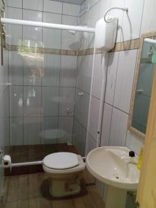a bathroom with a toilet and a sink at MICRO CASA DE SITIO DO TIO Tonho in Blumenau