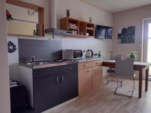 a kitchen with a sink and a table with a microwave at Gästehaus AM HERMANN in Hörstel
