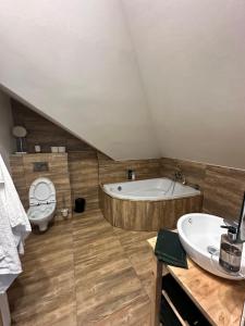 a bathroom with a tub and a toilet and a sink at Number 5 Vlevo Dole in Rokytnice nad Jizerou +3 photos